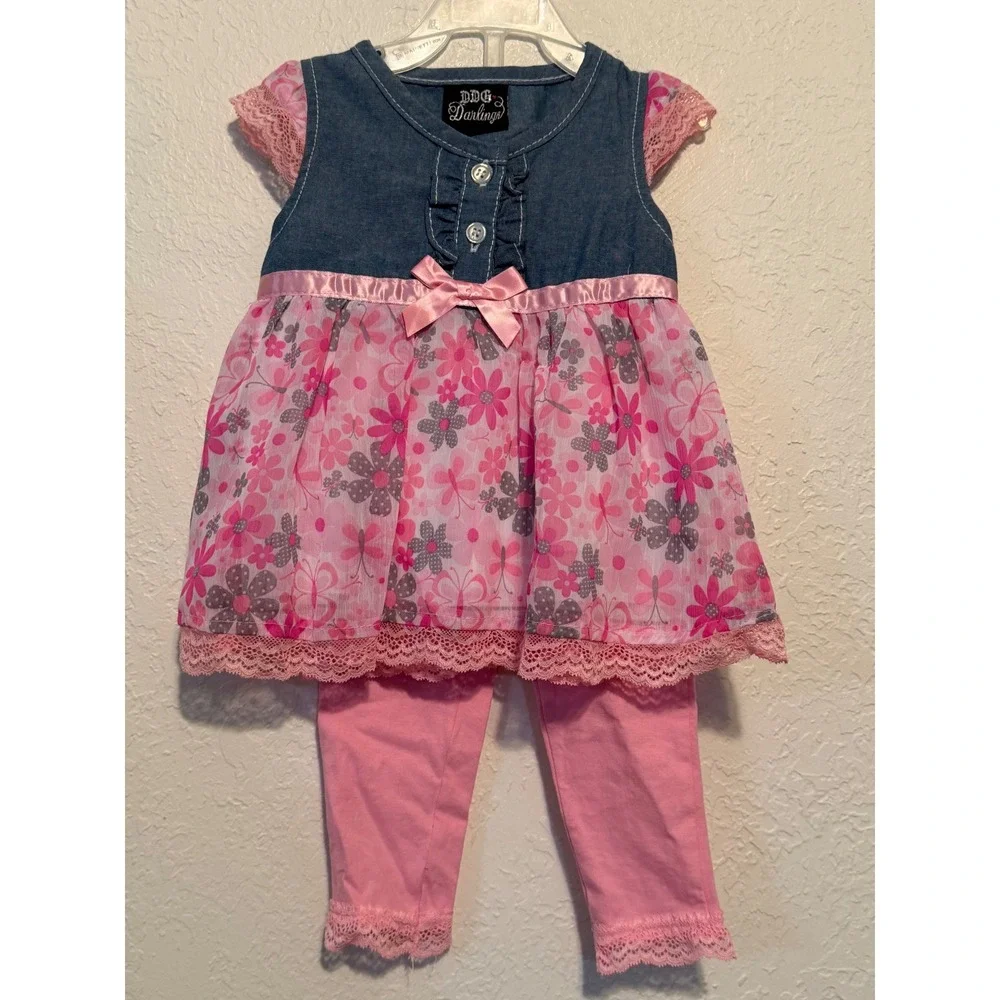 DDG‎ Darlings Baby Girls 18M Denim Floral Dress and Pink Leggings Outfit Set